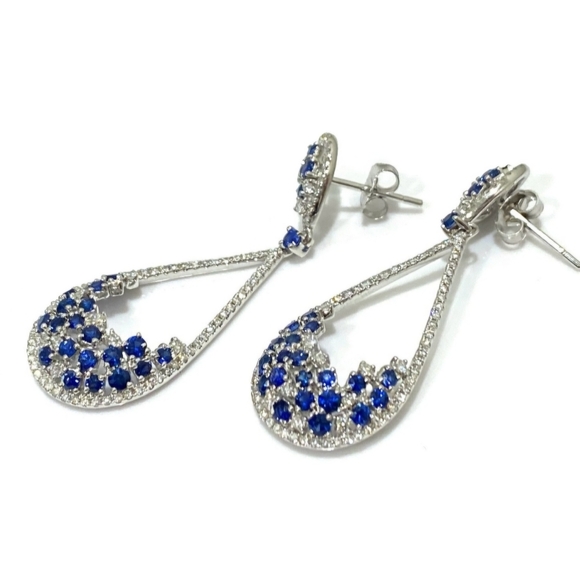 14k White Gold Blue Sapphire & Diamond Chandelier Teardrop Earrings. - Picture 2 of 4
